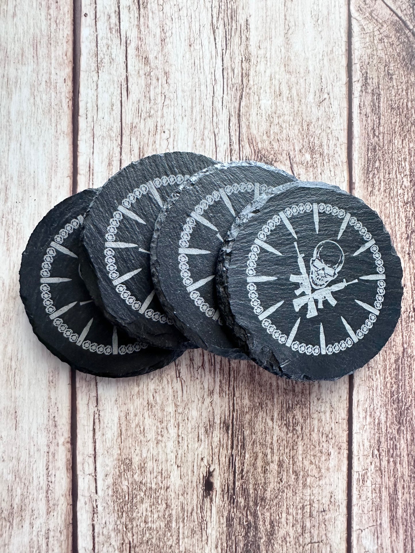 Skull and Bullets Slate Coaster Set
